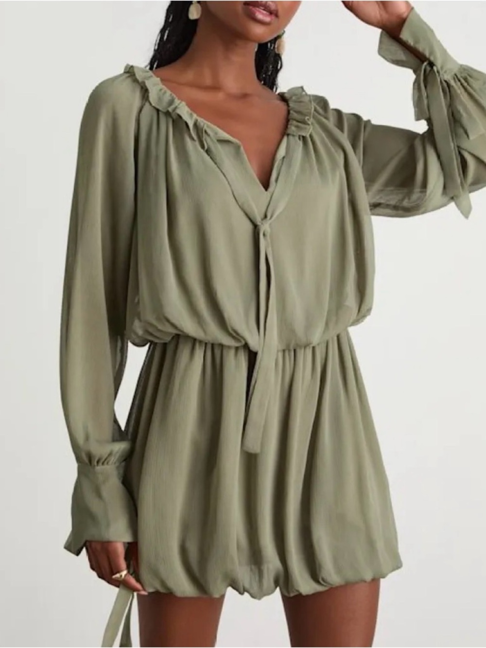 Lulus Kezzy Light Olive Ruffled Long Sleeve Bubble Hem Mini Dress